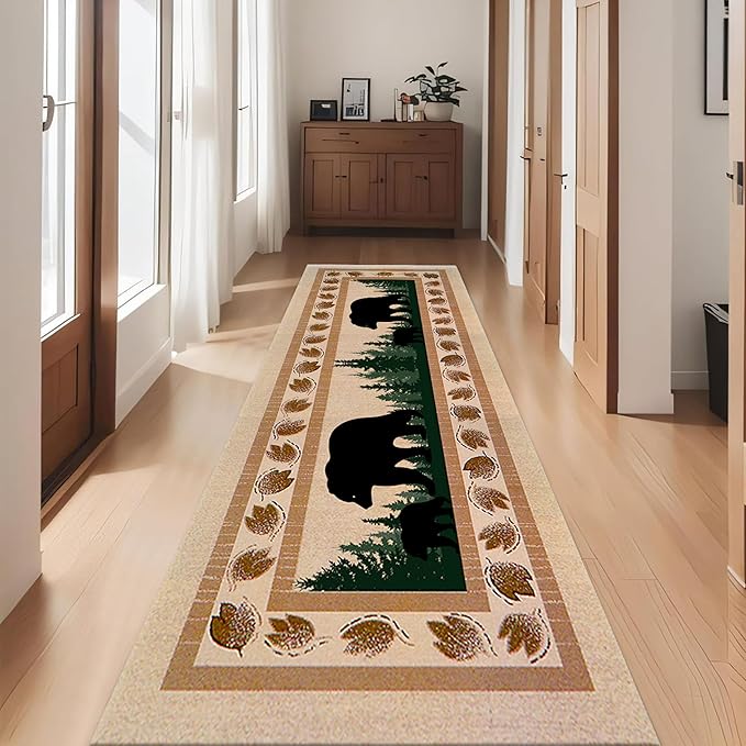 Autumn Rustic Cabin Runner Rug,4x12ft,Maple Leaf and Jungle Brown Hallway Rugs,Novelty Farmhouse Bear Style Long Indoor Carpet,Living Room Non-Slip Floor Mat for Laundry Room EntrywayBedroom