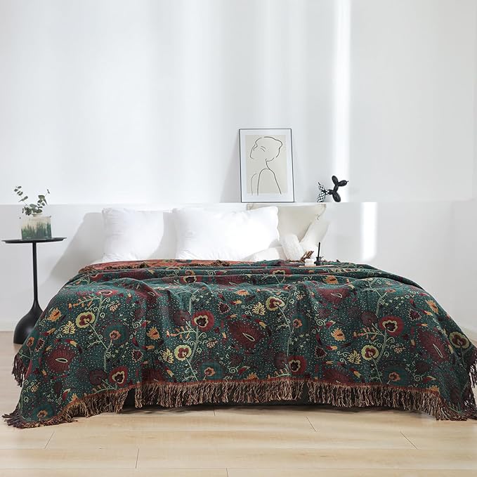 Boho Throw Blanket for Bed 100% Cotton Ultra Soft Rustic Quilt Farmhouse Decor Bed Fall Blankets,All Season Rustic Throw for Sofa Couch Chair (Flower-Dark Green, 80"×90")