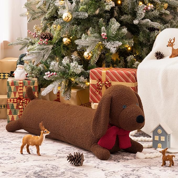Phantoscope Christmas Animal Series, Dachshund Shaped Throw Pillow with Scarf, Sherpa Large Long Body Pillow Christmas Decorative Pillows for Couch, Sofa, Bed, Coffee Dachshund 14 x 40 inches
