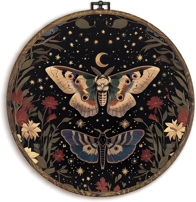 KFXHANGD Witchy Butterfly Moth Round Wall Art Framed, Gothic Wall Art, Boho Vintage Butterfly Canvas Wall Art Decor, Gothic Lunar Moth Hanging Wall Decor for Bedroom Living Room, 10x10inch