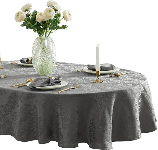 Newbridge Barcelona Damask Fabric Tablecloth, 60 x 84 Inch Oval, Grey – No Iron, Soil Resistant Table Cover for Dining, Parties and Holidays