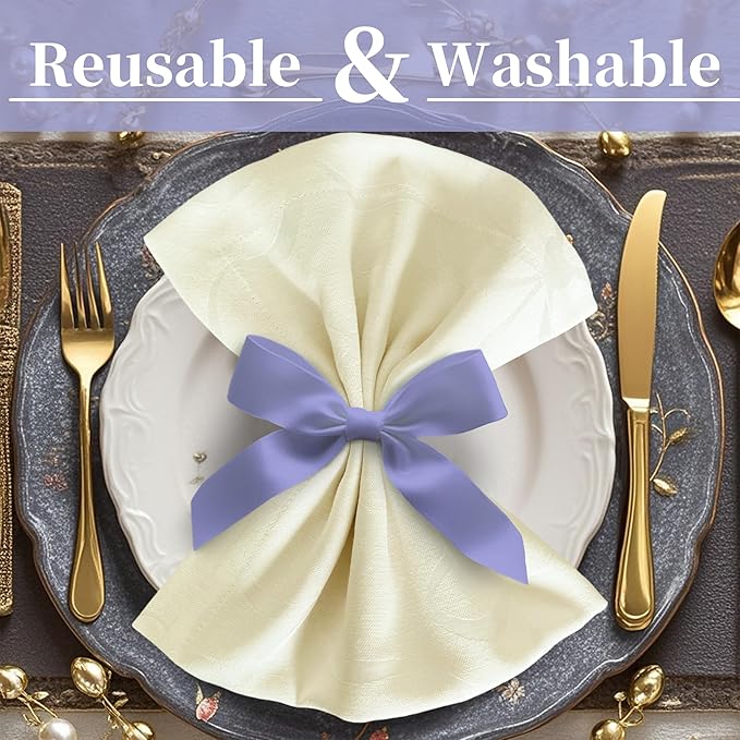 Ivory Napkins Cloth, Fabric Napkins Set of 12 (18"x18") - Cotton & Polyester, Wrinkle/Fade Resistant - Dinner Napkin Cloth Washable, Jacquard Napkin for Banquet, Party & Wedding, Champagne Bows