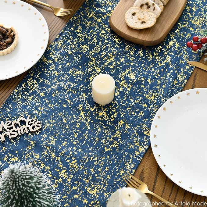 Artoid Mode Navy Blue Dutch Fleece Table Runner, Glitter Metallic Foil Holiday Kitchen Dining Table Decoration for Home Party Decor 13x72 Inch