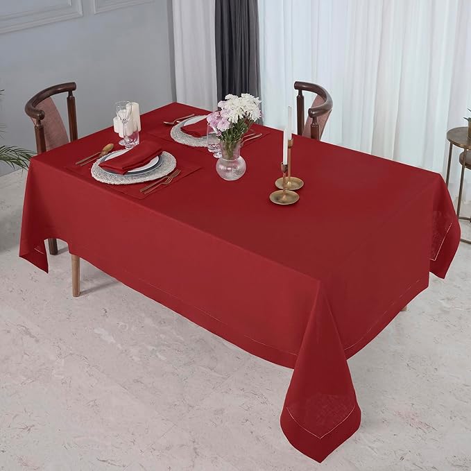 D'Moksha Homes Red Linen Tablecloth for Rectangle Tables 60 x 84 Inch - Classic Hemstitch 100% Pure Linen Red Table Cloth - Machine Washable Dining Tablecloth for Thanksgiving, Christmas, Holiday