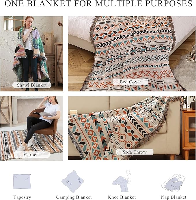 Double-Sided Cotton Woven Throw Blanket with Tassel Jungle Bohemian Style Tapestry Shawl Multi-Function Decorative Throws for Sofa Bed Armchair Camping Blanket Tablecloth Carpet 160x130cm