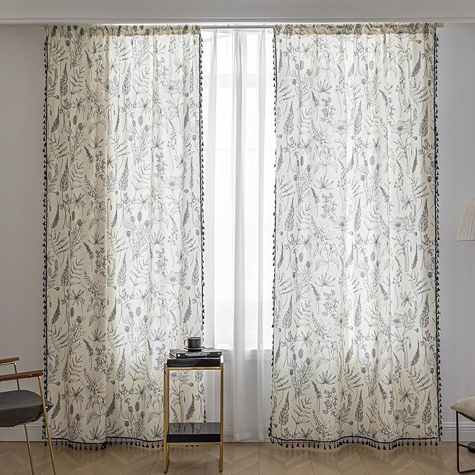 Boho Floral Curtains French Country Farmhouse Curtains 54 Inches Long Light Filtering Window Rod Pocket Drapes for Living Room 2 Panels-Grey Floral