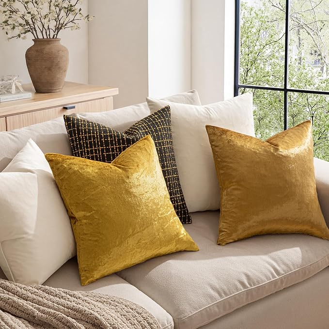 MIULEE Pack of 2 Polyester Soft Solid Decorative Square Throw Pillow Covers Set Fall Cushion Cases for Fall Sofa Bedroom Couch 20 x 20 Inch Golden