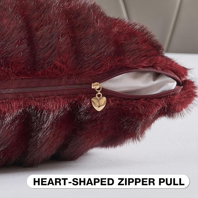 FUTEI Burgundy Decorative Throw Pillow Covers 26x26 Inch Set of 2,Soft Fluffy Faux Rabbit Fur Dyeing Striped Textured Euro Pillow Shams,Modern Home Decor for Couch Bed Living Room