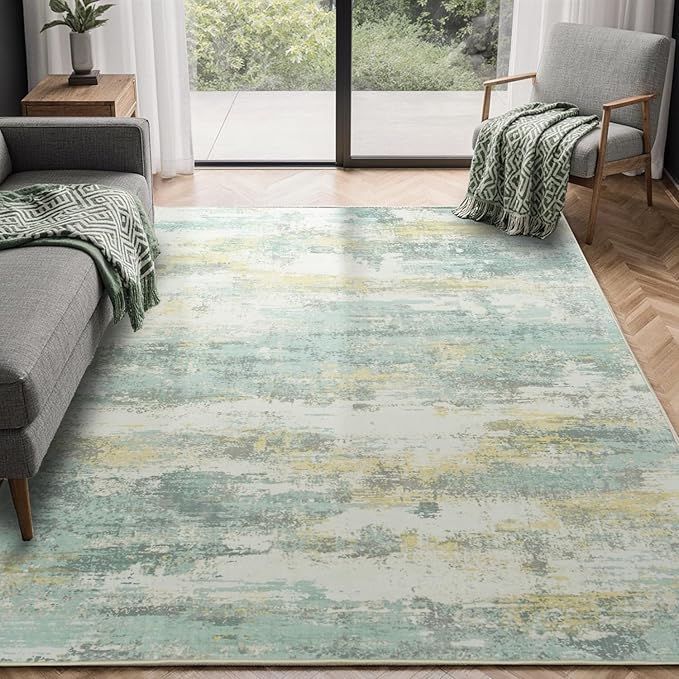 Rugflix 5x7 Area Rugs for Living Room, Washable Large Rug Stain-Resistant Low Pile, Modern Carpet for Dining Room Home Office Kid Room Nursery Bedroom, Light Green