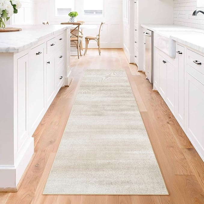 Enkor Runner Rugs for Hallway, 2x8 Washable Soft Non Slip Abstract Rugs for Kitchen, Modern Mat for Entryway Living Room Bedroom Beige & White