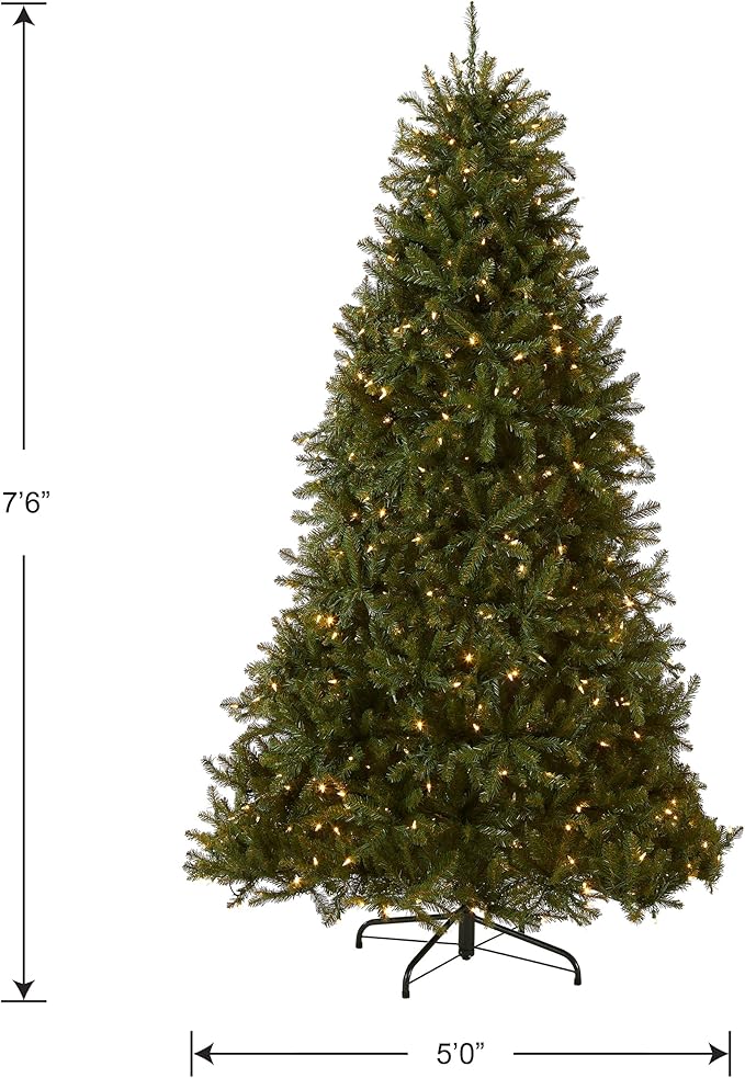 National Tree Company 7.5 ft Pre-Lit Dunhill Fir Artificial Christmas Tree, 700 LED Lights, 2,514 Tips, PowerConnect, Foot Pedal, 10 Light Functions, Includes Stand, Green