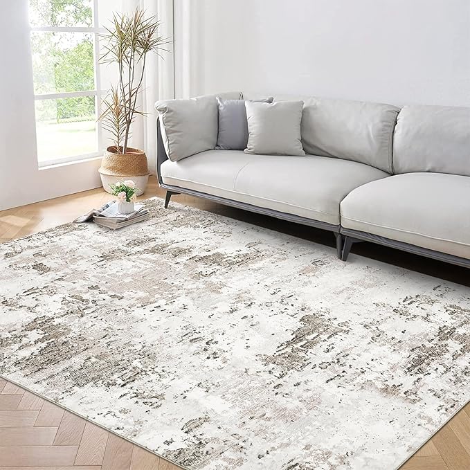 9x12 Modern Abstract Accent Rug Non Slip Stain Resistant Throw Rug Low Pile Machine Washable Indoor Floor Cover for Living Room Bedroom Office Home Decor, Taupe/Beige