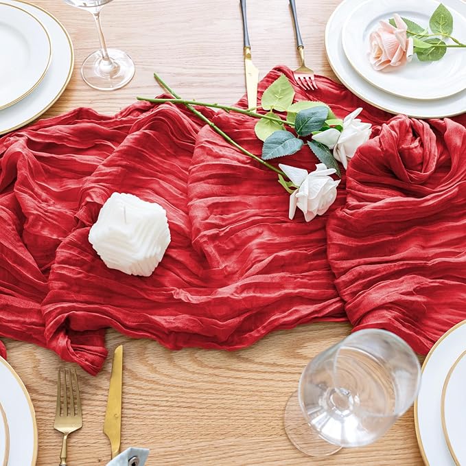 Wokceer Cheesecloth Table Runner 2Pack 10FT Red Boho Gauze Easter Christmas Cheese Cloth Table Runner for Party Thanksgiving Long Rustic Sheer Table Runners for Baby Bridal Shower Wedding Table