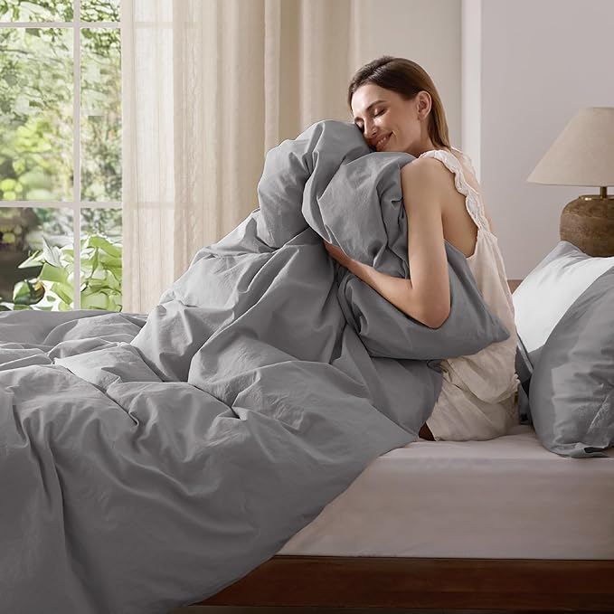 Bedsure 100% Washed Cotton Duvet Cover King Size - Grey Minimalist Cotton Duvet Cover Linen Like for All Seasons - GentleSoft™ Plain Simple Bedding, 3 Pieces (Grey, King, 104"x90")