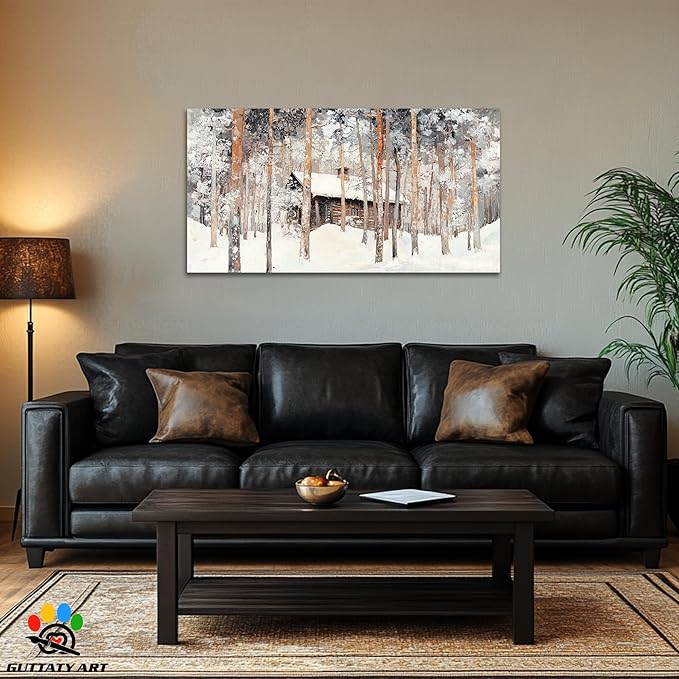 GUTTATY Winter Christmas Cabin Canvas Wall Art, Snow Forest Canvas Painting, Rustic Winter Scene Wall Decor, Textured Canvas Prints Pictures, Holiday Poster for Living Room, Bedroom, 24x12 Inch