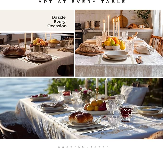 Leetaltree Luxury White Placemats with Gold Stripes Placemats Set of 8 - Waterproof Washable for Wedding, Anniversary, Daily Use - Sparkling Table Decor - Hand-Cut