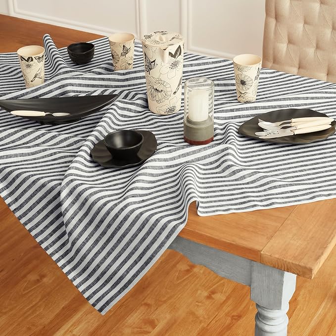 Solino Home Linen Square Tablecloth 52 x 52 Inch - Amalfi Stripe, 100% Pure Linen Black and White Table Throw - Machine Washable Tablecloth for Fall, Autumn, Winter, Holiday
