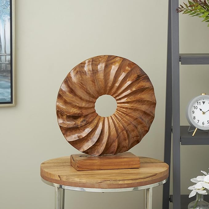 Deco 79 Teak Wood Abstract Handmade Decorative Sculpture Dimensional Circular Home Decor Statue with Center Cutout, Accent Figurine 16" x 5" x 17", Brown
