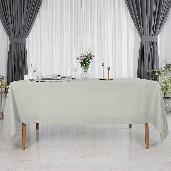 D'Moksha Homes Silver Grey Linen Tablecloth for Rectangle Tables 60 x 132 Inch - 100% Pure Linen Grey Table Cloth - Classic Hemstitch, Machine Washable Dining Tablecloth for Thanksgiving