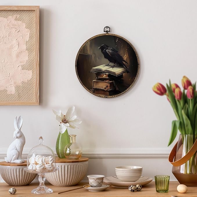 KFXHANGD Vintage Dark Academia Raven Round Wall Art Framed, Moody Black Crow Canvas Wall Art Decor, Gothic Black Raven Hanging Decor for Bedroom Living Room, 10x10inch
