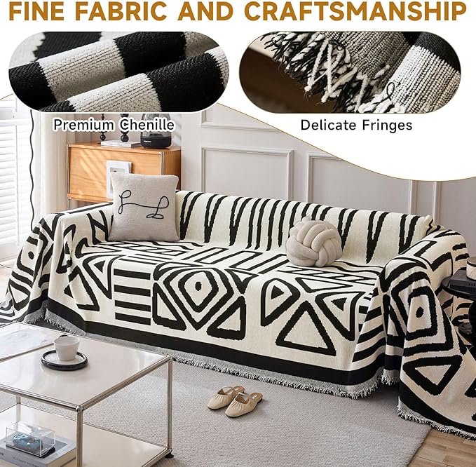 VClife Boho Couch Cover Thick Soft Chenille Sofa Covers for Sectional Couch, Bohemian White Couch Covers for 3 Cushion Couch Sofa Washable Multi-Functional Furniture Protector, 71''x150''