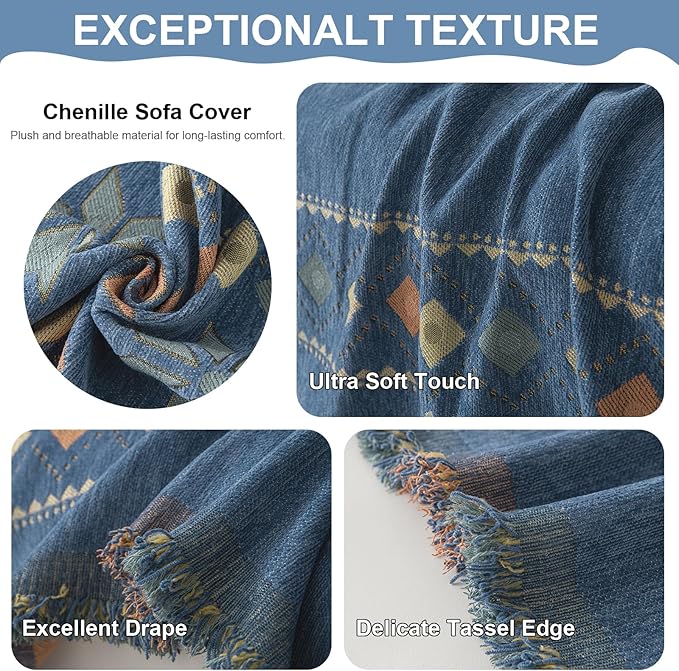 VClife Boho Couch Cover Blue Geometric Jacquard Pattern Sofa Cover, 1 Piece Large Couch Covers for 3 Cushion Couch Sofa Washable Plush Chenille Sofa Protector for Living Room, 71x134 Inch