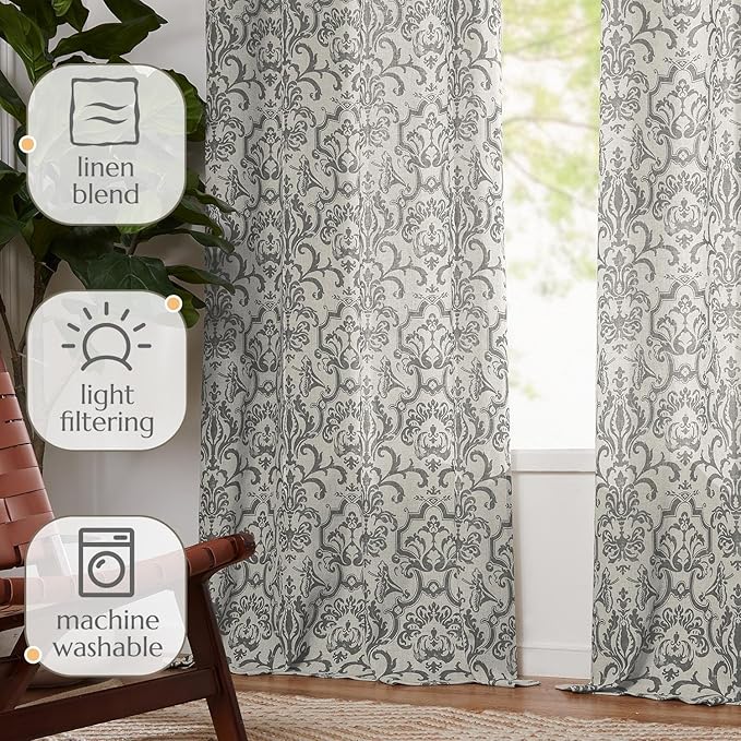 jinchan Linen Curtains - Grey Damask Patterned, 63 Inch Length, Light Filtering Vintage Curtains - Baroque Style Drapes with Grommet Window Treatments - 2 Panels Set