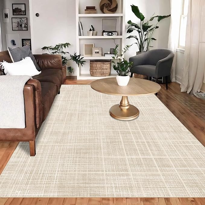 Enkor Area Rugs 5x7 Washable Non Slip Abstract Soft Rugs for Living Room Bedroom, Modern Mat for Kitchen Entryway Beige Grid