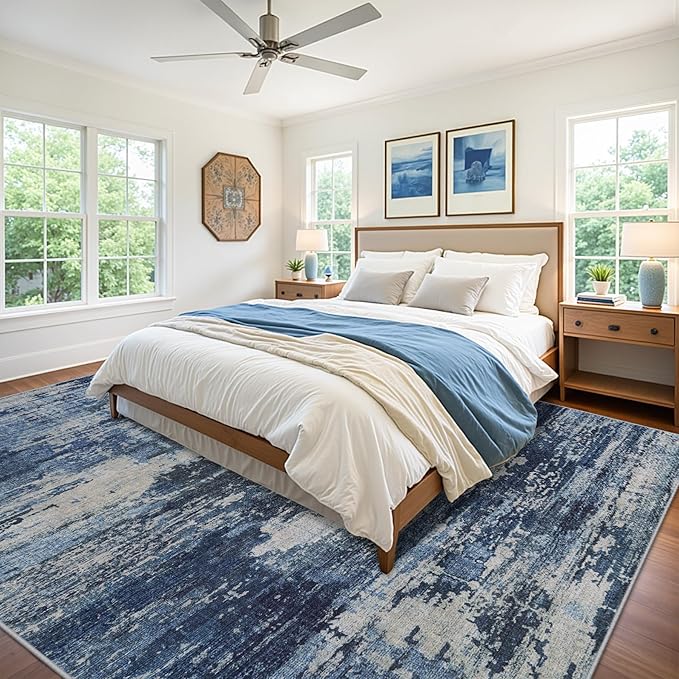 Area Rug Living Room Rugs: 6x9 Rug for Bedroom Machine Washable with Non Slip Backing Non Shedding Abstract Stain Resistant Large Carpet for Dining Room Nursery Home Office - Beige/Blue
