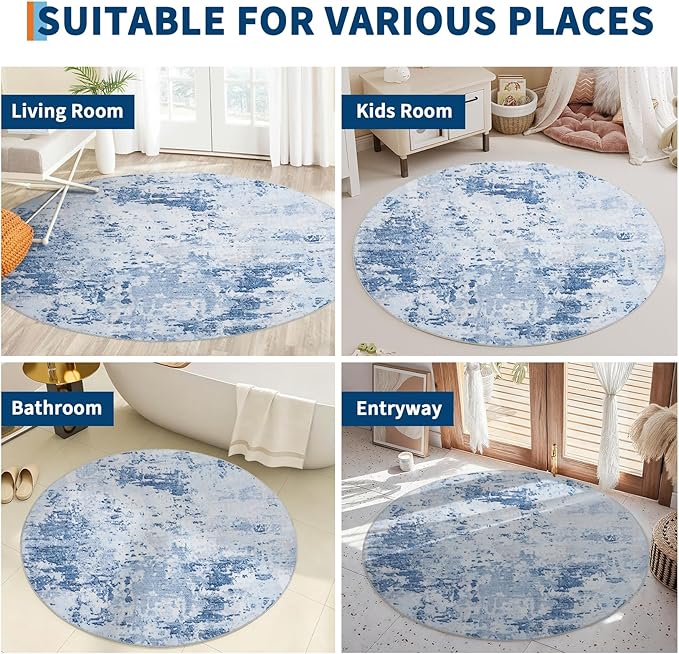 Modern Abstract 6x6 Round Area Rug Non Slip Non Shedding Rug Low Pile Stain Resistant for Bedroom Living Room Office Dining Room,Light Blue