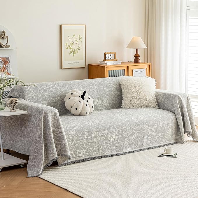 ROOMLIFE Gray Couch Cover Boho Sofa Covers for 3 Cushion Couch Washable, Furniture Protector Sofa Couch Cover for Dogs, Soft Breathable Sofa Slipcover, Couch Throw Blankets with Tassels 71''X150''