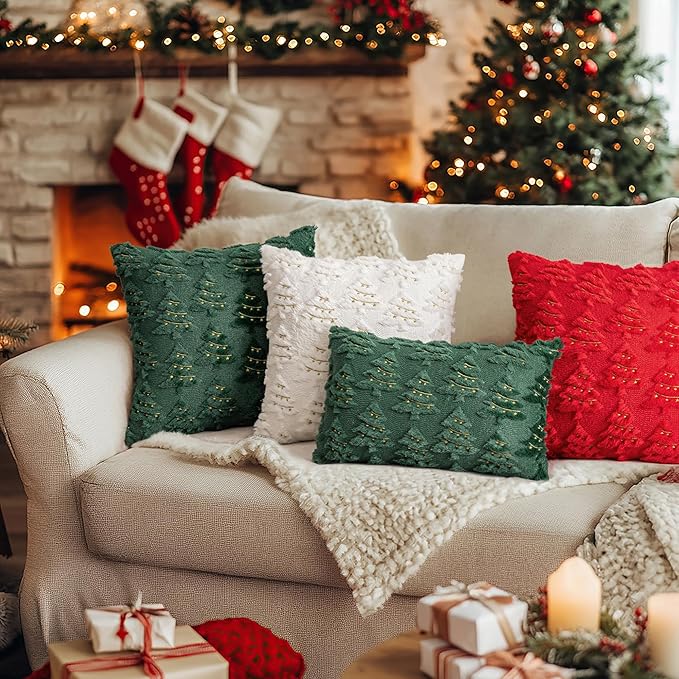 AQOTHES Christmas Tree Decorative Green Throw Pillow Covers 20x20 Set of 2, Faux Fur Farmhouse Throw Pillows Cushion Cases for Xmas Winter Holiday Home Decor