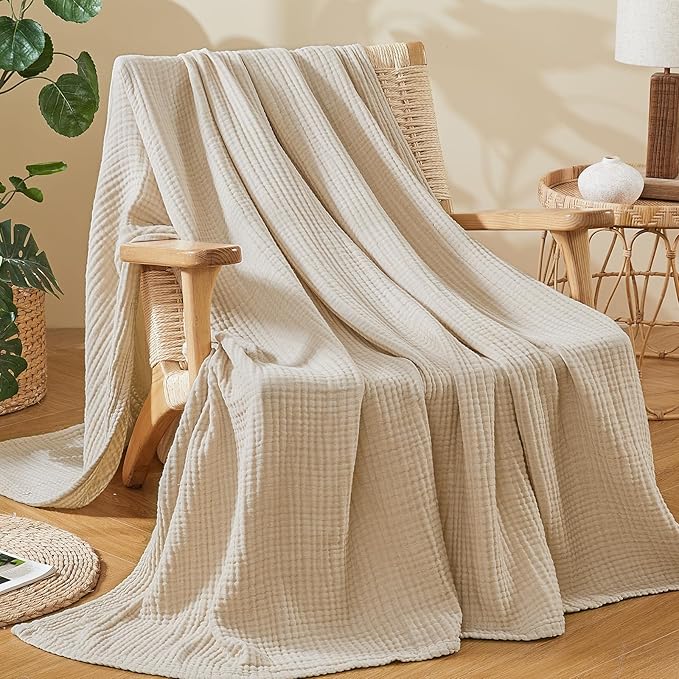 EMME Cotton Muslin Large Throw Blanket Couch Breathable Gauze Soft Lightweight Bed Blankets Adults (Beige, 50"x70")