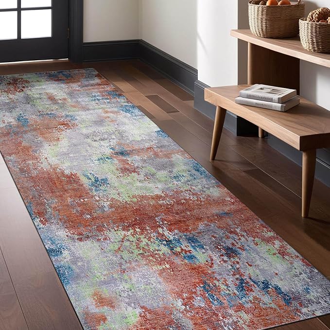 Non Slip Rugs 2x7 Modern Abstract Easy Silk Rubber Backing Soft Runner Rug for Hallways Easy to Clean Non Shedding Kitchen for Laundry Room Indoor Area Carpet (Brick - Gray, 2x7)