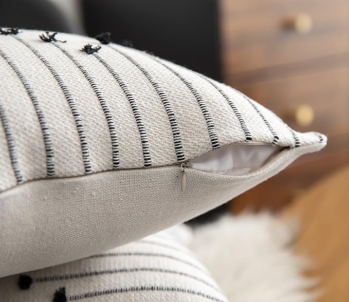 Caflife Boho Throw Pillow Covers 18x18 Set of 2 Decorative Pillows for Bed, Neutral Pillow Covers Beige with Black Line Throw Pillows for Modern Farmhouse Couch Sofa Living Room Outdoor