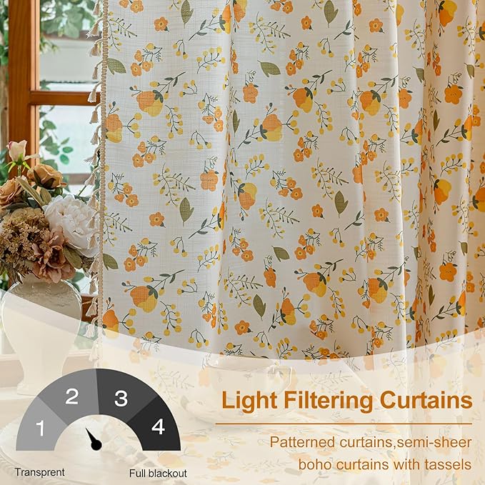 OYX Yellow Boho Pattern Floral Curtains 63 Inch Length 2 Panels for Living Room, Bedroom Light Filtering Drapes, Vintage Country French Tassels Patterned Rod Pocket Aesthetic Decor Window Treatments