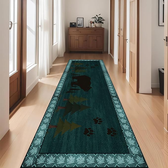 Black Bear Runner Rug,2.6x7ft,Retro Wildlife Woodland Bear Hallway Rug,Rubber Backed Kitchen Room Non Slip Runner Carpet,forFarmhouse Washable Bedroom Rug Long