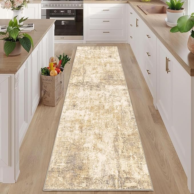 2.6x8 Modern Abstract Rug Washable Area Rugs for Living Room Bedroom Dining Room Non-Slip Low Pile Neutral Large Rug Soft Indoor Floor Carpet, Gold