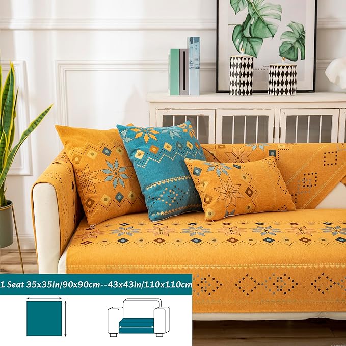 Boho Chenille Couch Covers,Geometric Couch Covers for Sofa,Chenille Couch Cover Non Slip,Sectional l Shaped Sofa Furniture Protector Cover for Home Decor,Orange_1 Seat 35x35in/90x90cm