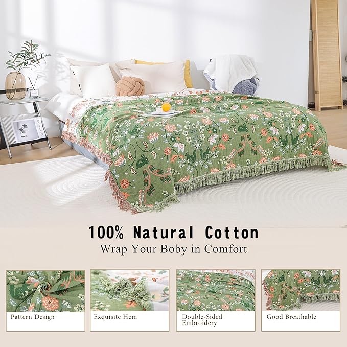 Boho Throw Blanket for Bed 100% Cotton Ultra Soft Rustic Quilt Farmhouse Decor Bed Fall Blankets,All Season Rustic Throw for Sofa Couch Chair (Green World, 80"×90")