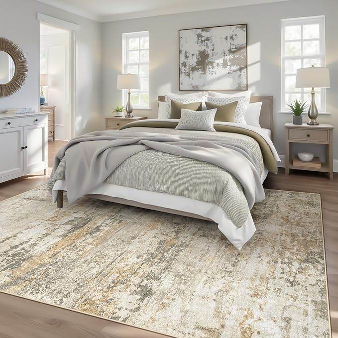 Area Rugs 6x9 for Living Room: Washable Rug Modern Abstract Neutral Soft Non-Slip Low-Pile Indoor Carpet for Bedroom Dining Room Playroom Home Office (Beige Grey Brown, 6'x9')