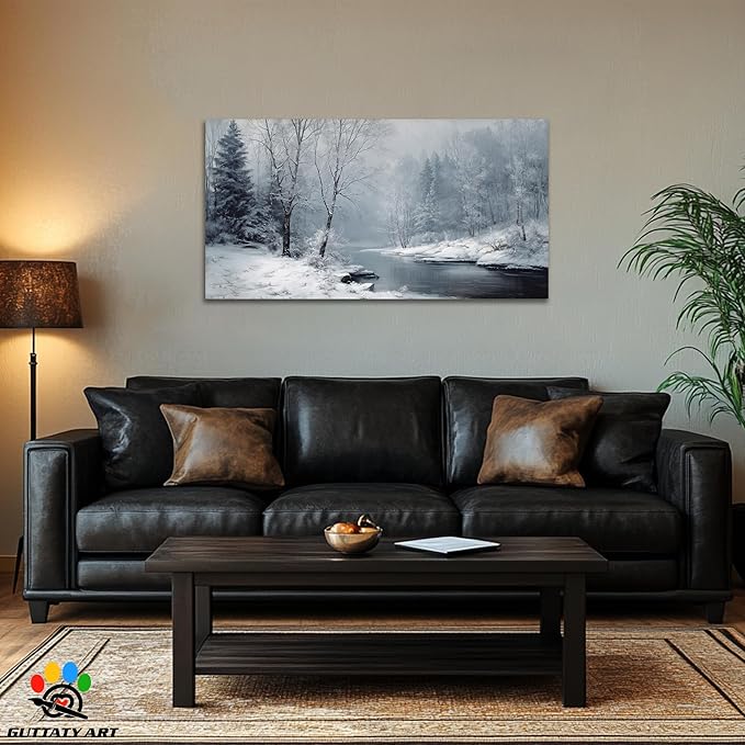 GUTTATY Christmas Winter Scene Canvas Wall Art, Snowy River Landscape Canvas Prints, Frosted Forest Picture Wall Decor Artwork for Living Room, Bedroom, Holiday Season Decoration, 48x24 Inch