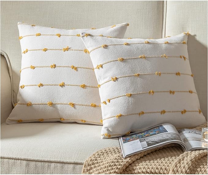 Caflife Boho Throw Pillow Covers 18x18 inches Beige and Yellow, Set of 2 Modern Farmhouse Decorative Pillow Covers for Couch Bed, Living Room