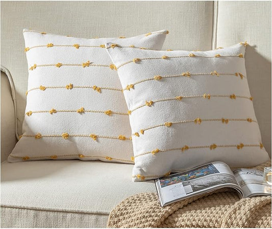 Caflife Boho Throw Pillow Covers 18x18 inches Beige and Yellow, Set of 2 Modern Farmhouse Decorative Pillow Covers for Couch Bed, Living Room