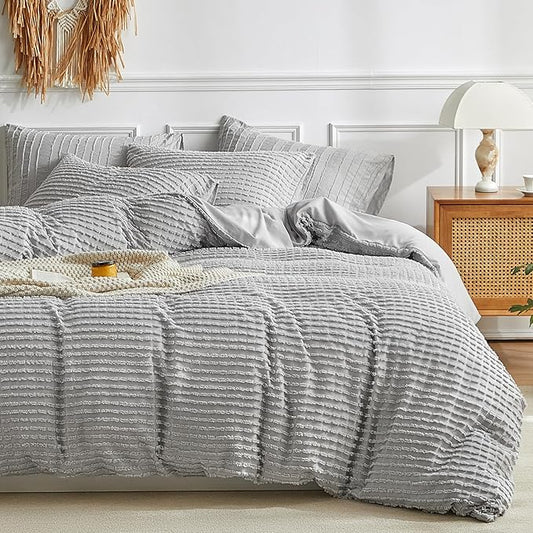 WARMDERN Boho Duvet Cover Set Queen Size,Grey Striped Duvet Cover Microfiber Bedding Set,3PCS Ultra Soft Breathable Lightweight Tuft Texture Pattern Duvet Covers with Zipper Closure(Grey,Queen)