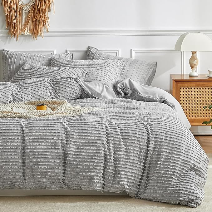 WARMDERN Boho Duvet Cover Set King Size,Grey Striped Duvet Cover Microfiber Bedding Set,3PCS Ultra Soft Breathable Lightweight Tuft Texture Pattern Duvet Covers with Zipper Closure(Grey,King)