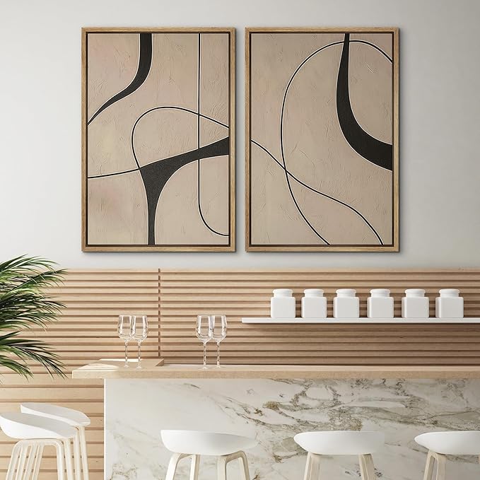 SIGNWIN Framed Canvas Print Wall Art Set Modern Beige and Black Abstract Curve Minimalist Geometric Modern Art Minimal Boho Relax/Calm for Living Room, Bedroom, Office - 16"x24"x2 Natural