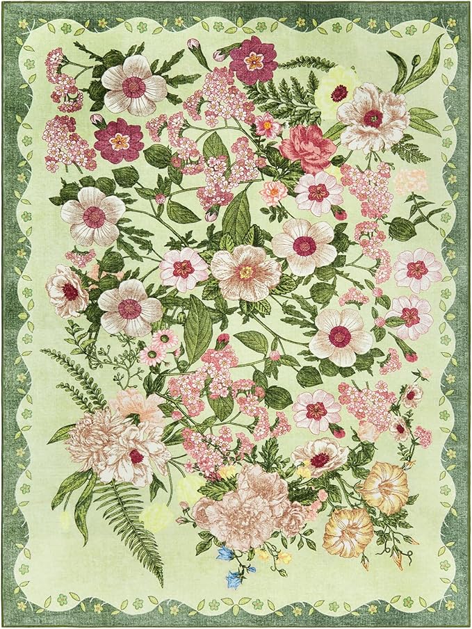 Floral Rugs for Living Room - 9x12 Soft Washable Area Rug Stain Resistant Ultra-Thin Non-Slip Low Pile Farmhouse Vintage Large Carpet for Bedroom Dining Room Nursery Home Office Decor, Green
