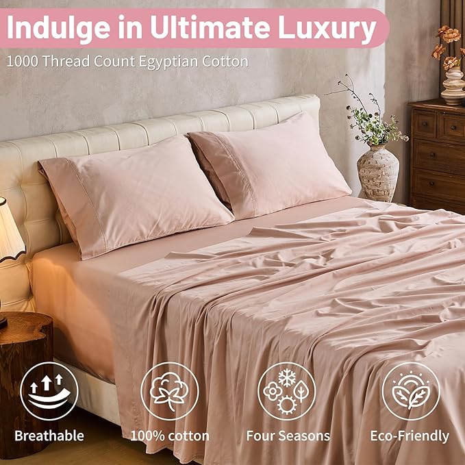 MEISHANG Extra Deep Pocket Cotton Sheets California King - 100% Egyptian Cotton 1000 Thread Count - Fits 18"-24" in Deep Mattress,Oeko-Tex Certified, Soft & Breathable - 4 Piece (Cal King, Light Pink)