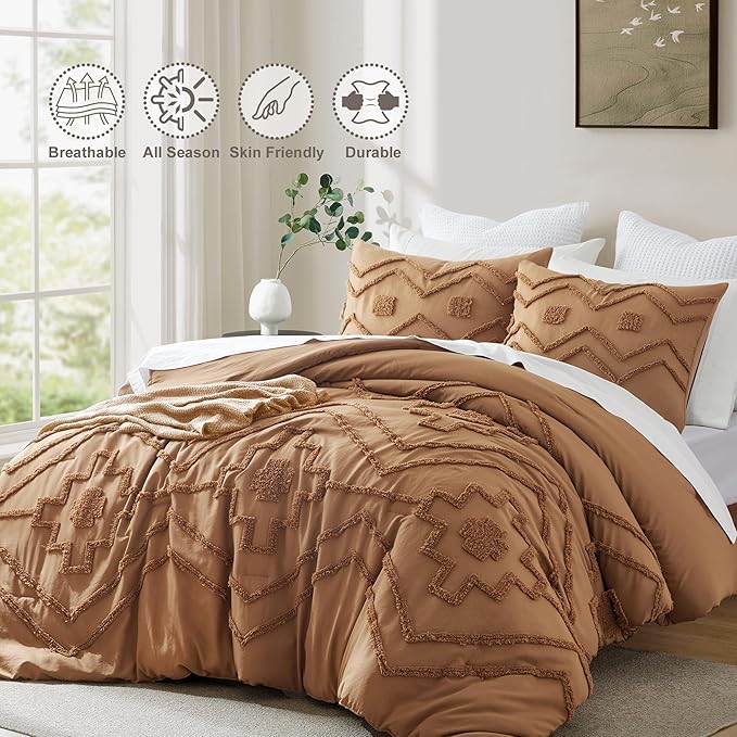 Oli Anderson Boho Tufted Comforter Set King Size, 3 Pcs Soft Jacquard Bedding Set for All Seasons, Shabby Chic Farmhouse Bedding Set with Comforters for All Seasons (Pumpkin, King)